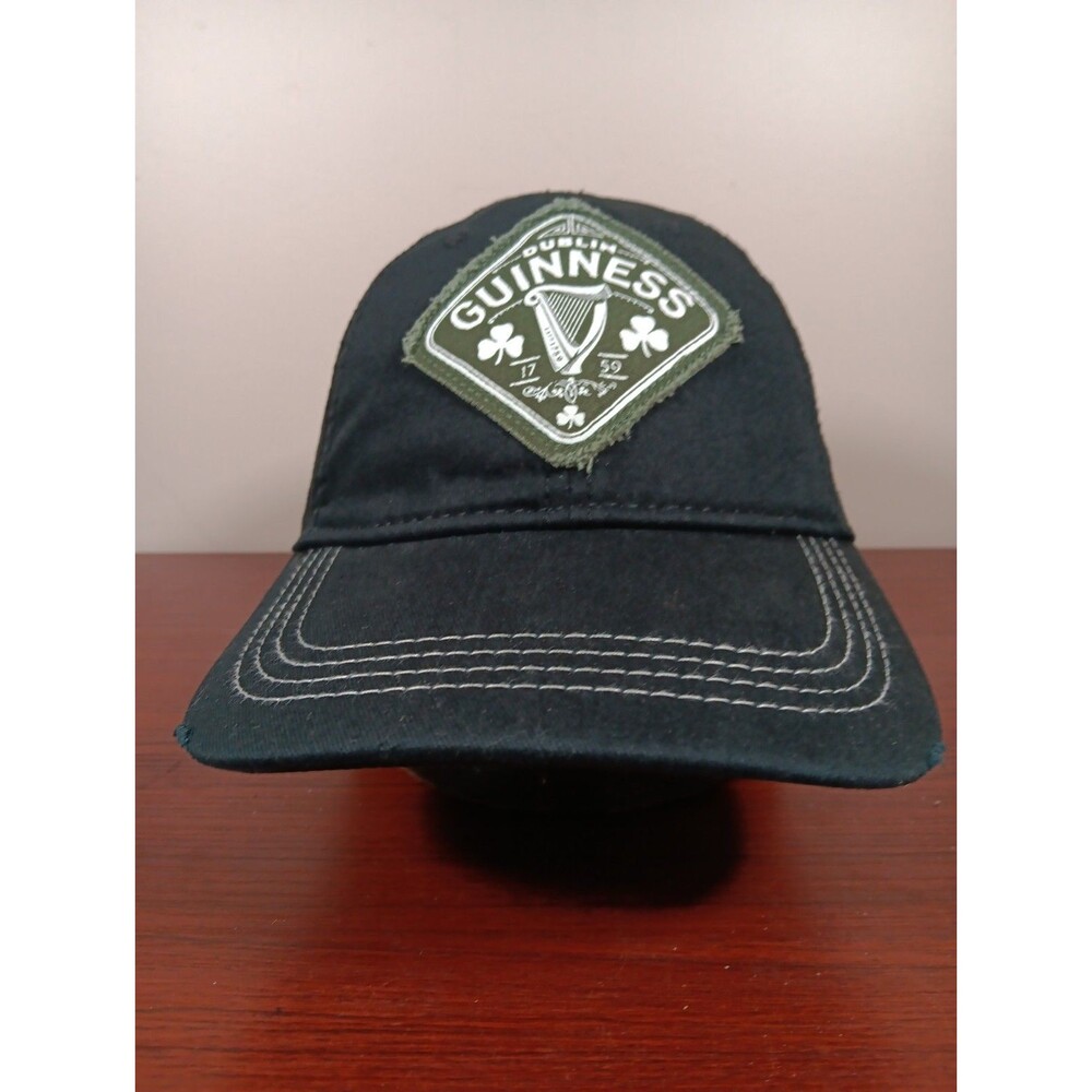 Guinness Logo Hat Cap Black Hook & Loop Distressed 100% Cotton Unstructured EUC